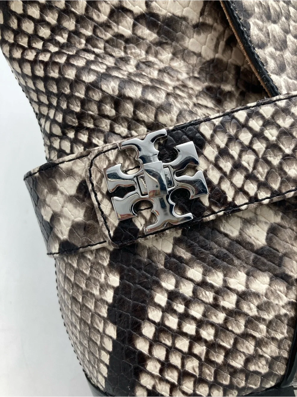 Tory Burch Kira 70mm Snakeskin Print Leather Turnlock Heeled Booties